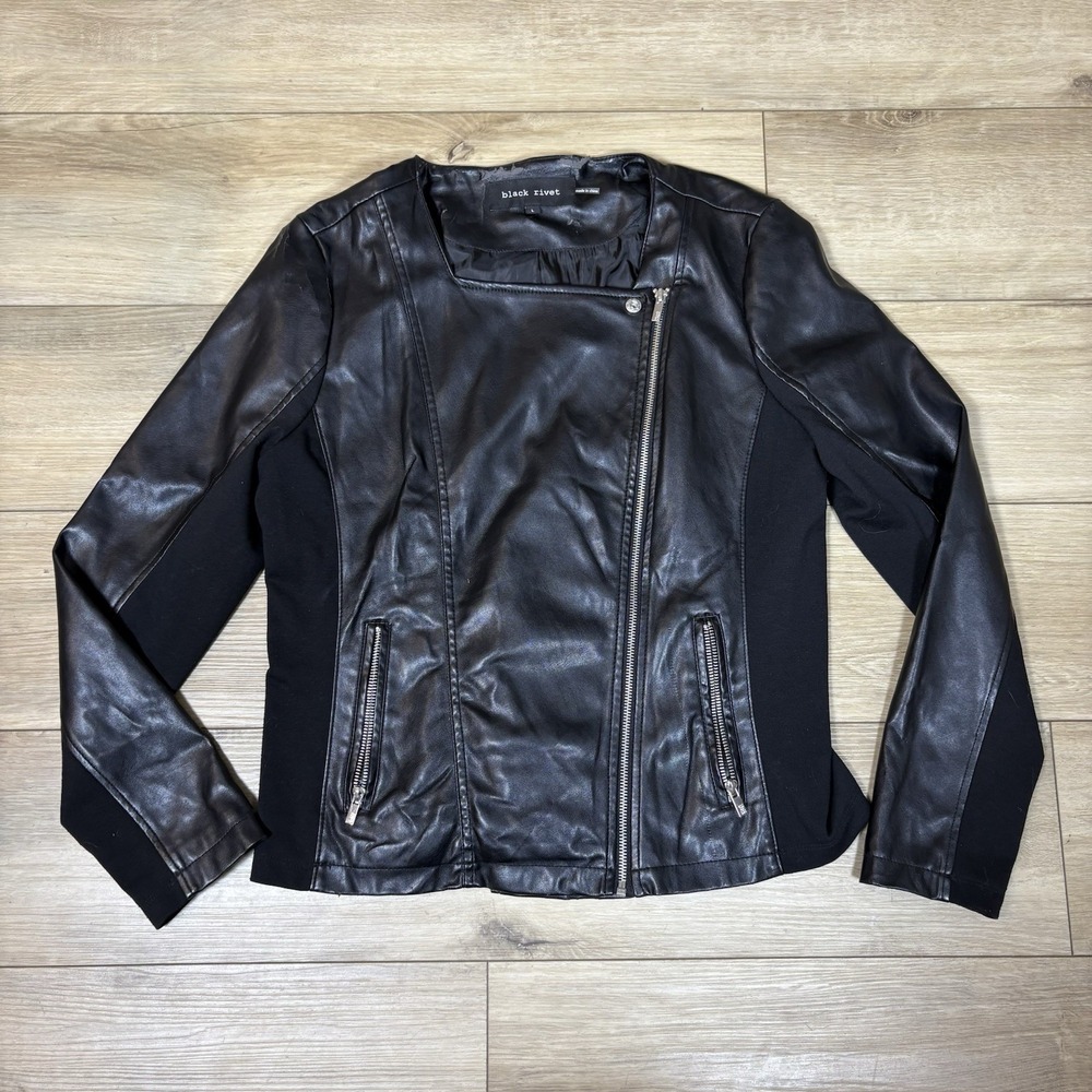 Black Rivet Women Black Faux Leather Trim Moto Jacket W/ Metal Zipper Size Large
